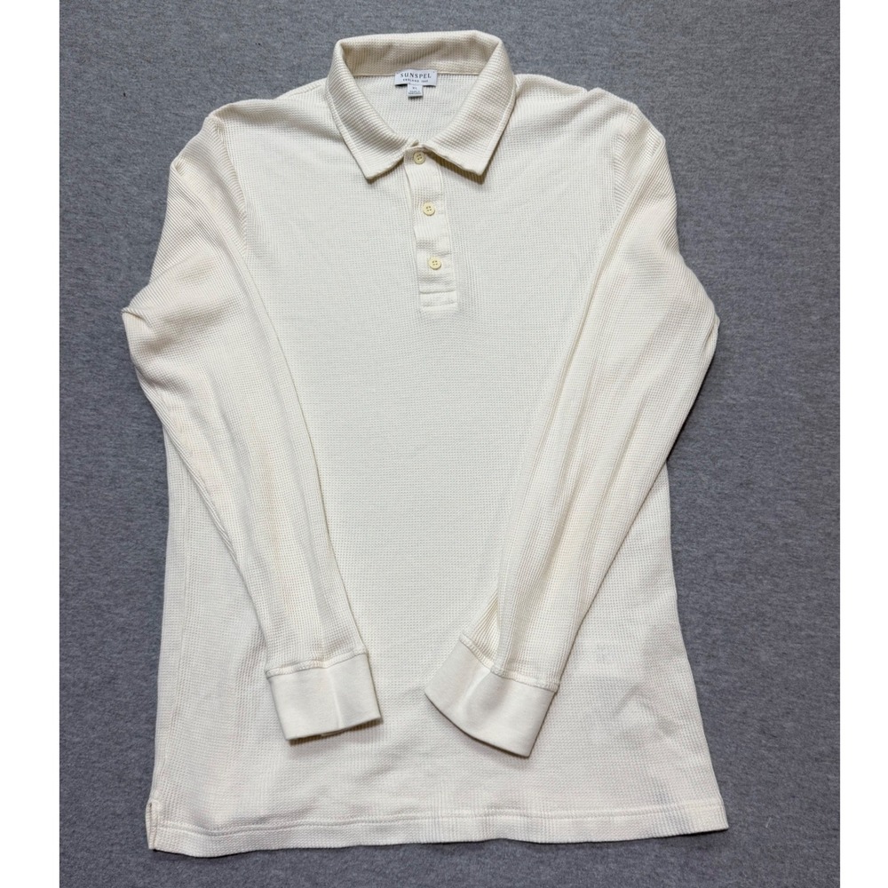 Sunspel Mens XL Waffle Knit Thermal Stretch Long Sleeve Polo Shirt Cream Cotton